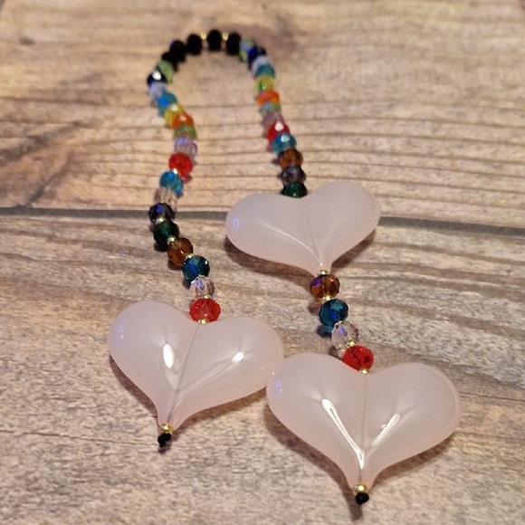 Bag Charm Faceted Glass Beads With Pink Glass Hearts - Picture 2 of 5